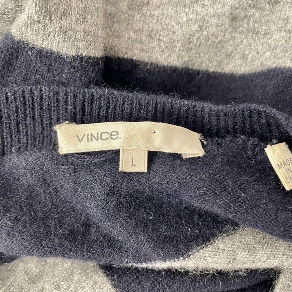 Vince 100% Cashmere Long Line V Neck Sweater, Navy/Grey Stripes, Size L - Picture 7 of 8